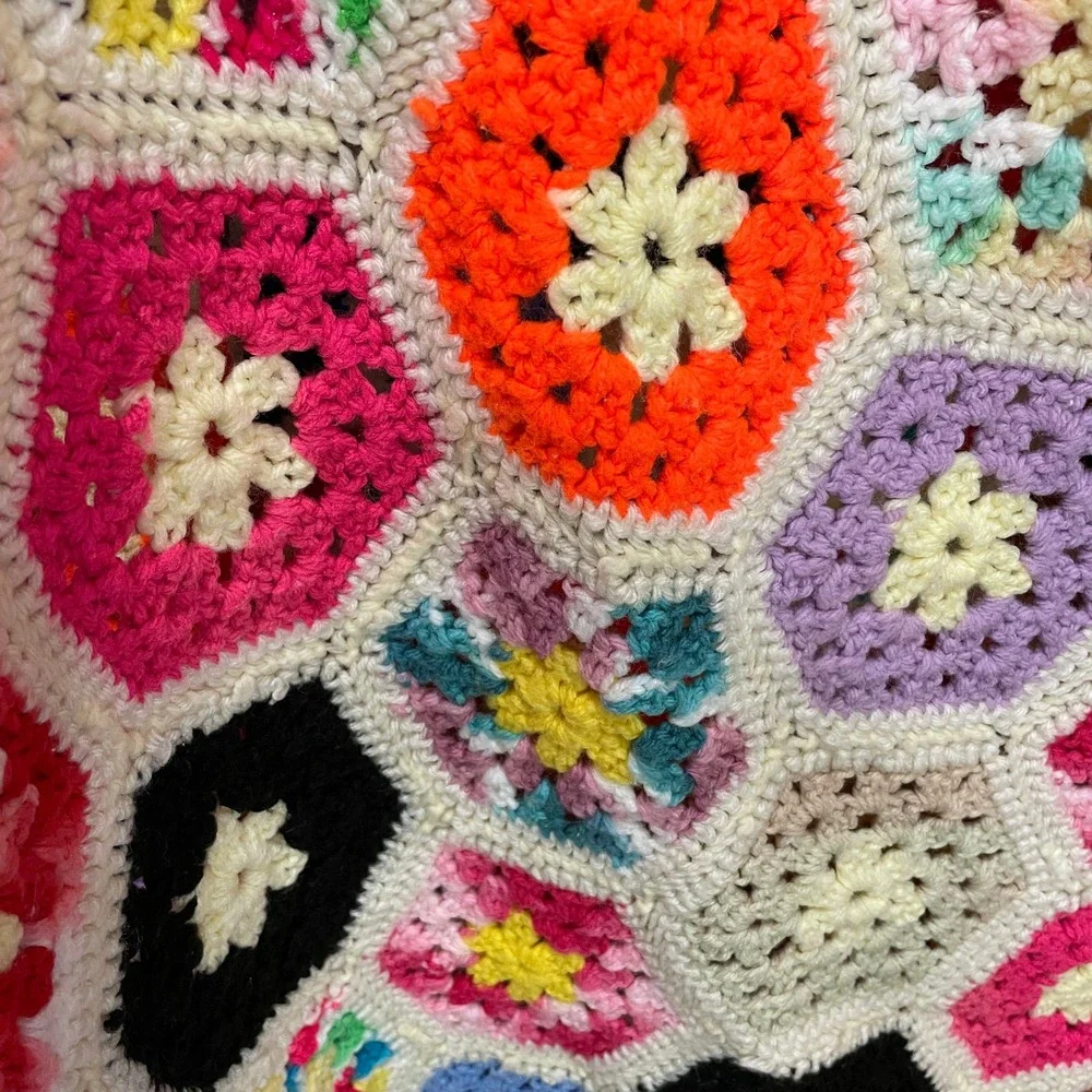Boho Cottagecore Vintage Handmade Crochet Granny Square Blanket Hexagon 54x54